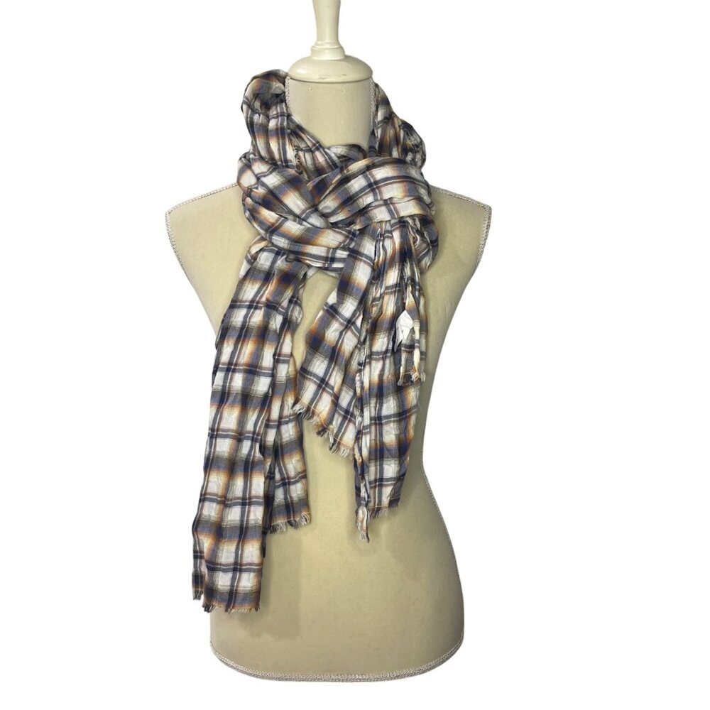 Gap Fringe Scarf Wrap‎ Plaid Print Lightweight Cotton Measures Approx. 25" X 82"